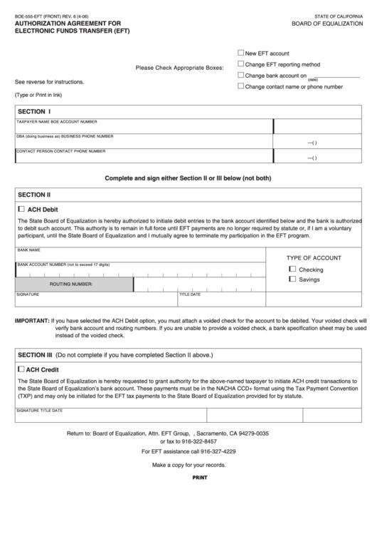 Fillable Form Boe-555-Eft - Authorization Agreement For Electronic Funds Transfer (Eft) Printable pdf