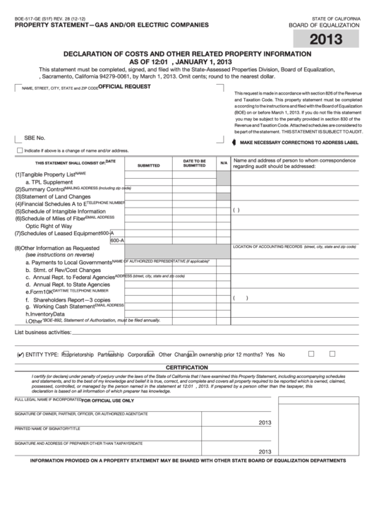 Fillable Form Boe-517-Ge - Property Statement - Gas And/or Electric Companies - 2013 Printable pdf