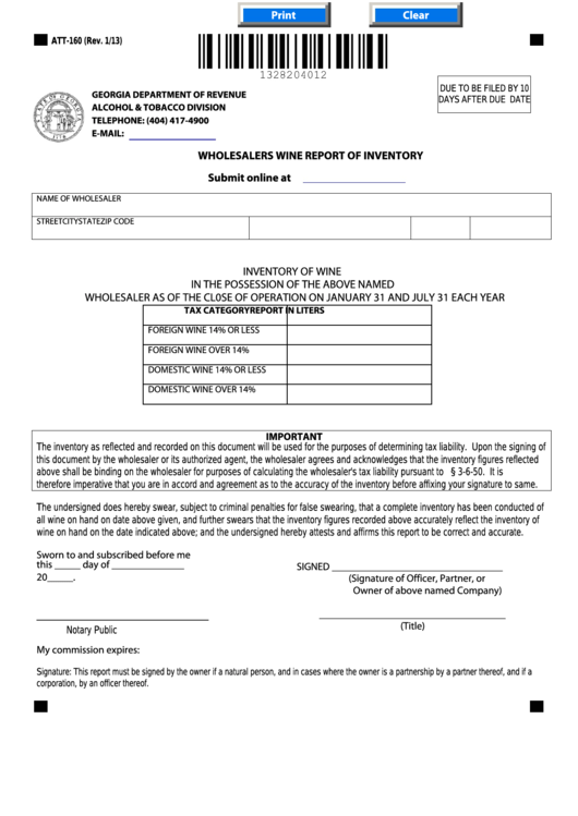 Fillable Form Att-160 - Wholesalers Wine Report Of Inventory Printable pdf