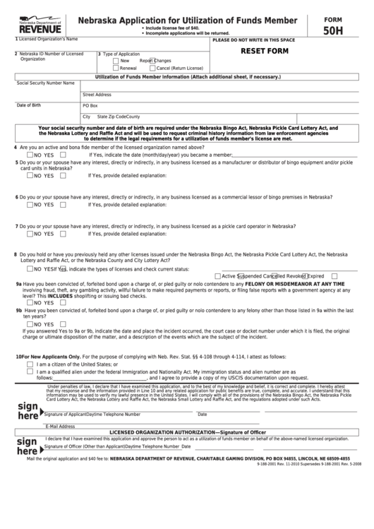 Fillable Form 50h - Nebraska Application For Utilization Of Funds Member Printable pdf