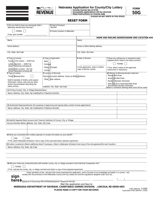 Fillable Form 50g - Nebraska Application For County/city Lottery Printable pdf