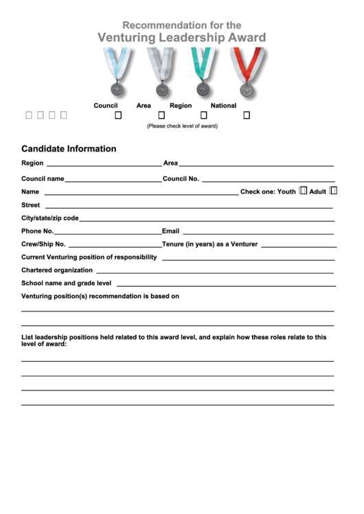 Fillable Form 512-501 - Recommendation For The Venturing Leadership Award Printable pdf