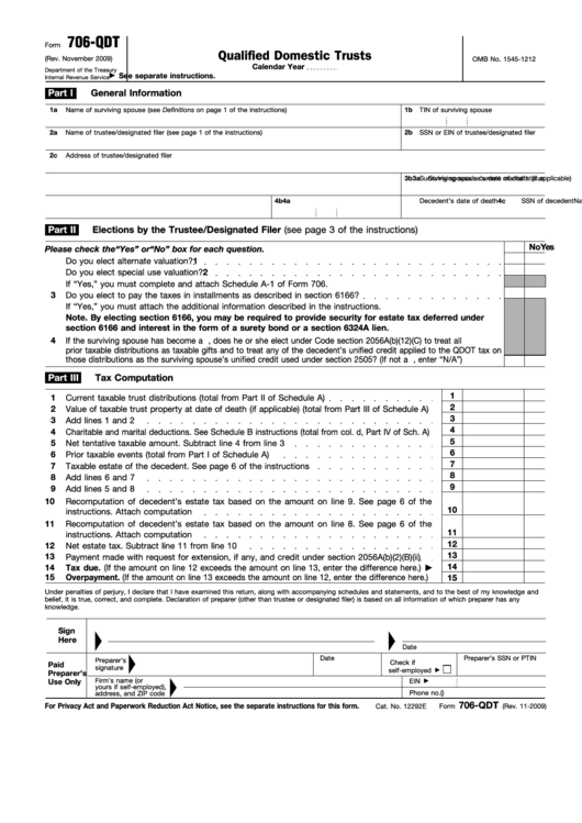 Fillable Form 706-Qdt - U.s. Estate Tax Return For Qualified Domestic Trusts Printable pdf