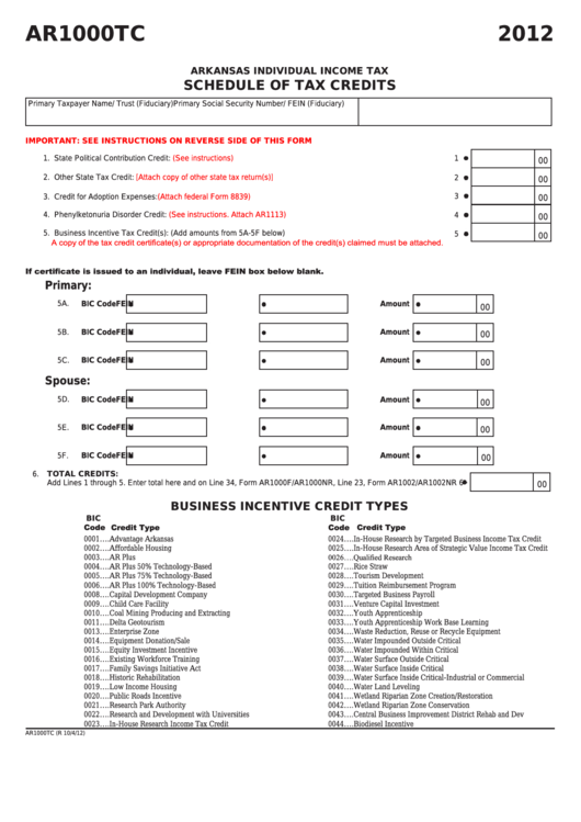 Fillable Form Ar1000tc - Schedule Of Tax Credits - 2012 Printable pdf