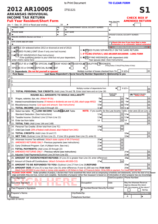 Fillable Form Ar1000s - Arkansas Individual Income Tax Return Full Year Resident/short Form - 2012 Printable pdf
