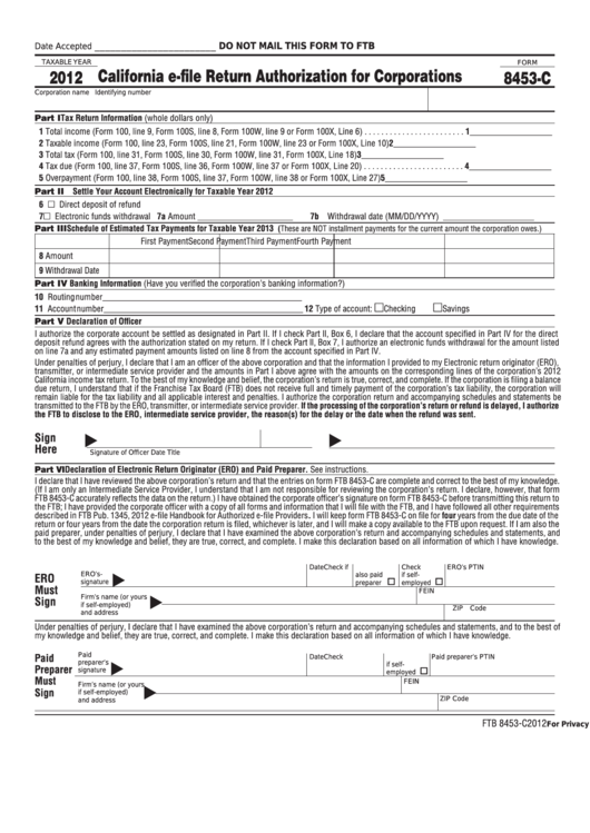 Fillable Form 8453-C - California E-File Return Authorization For Corporations - 2012 Printable pdf