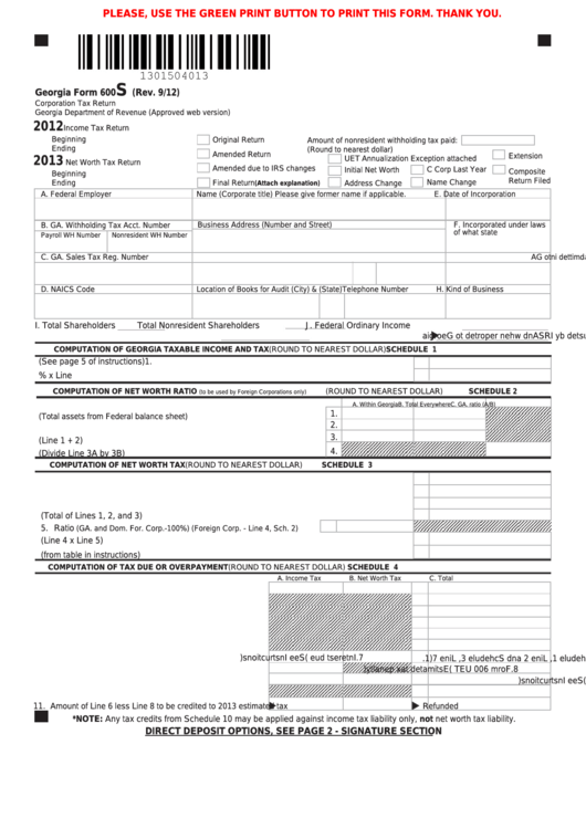 Fillable Georgia Form 600s - Corporation Tax Return Printable pdf