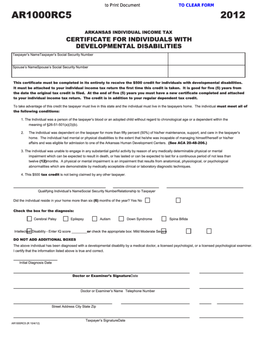Fillable Form Ar1000rc5 - Certificate For Individuals With Developmental Disabilities - 2012 Printable pdf