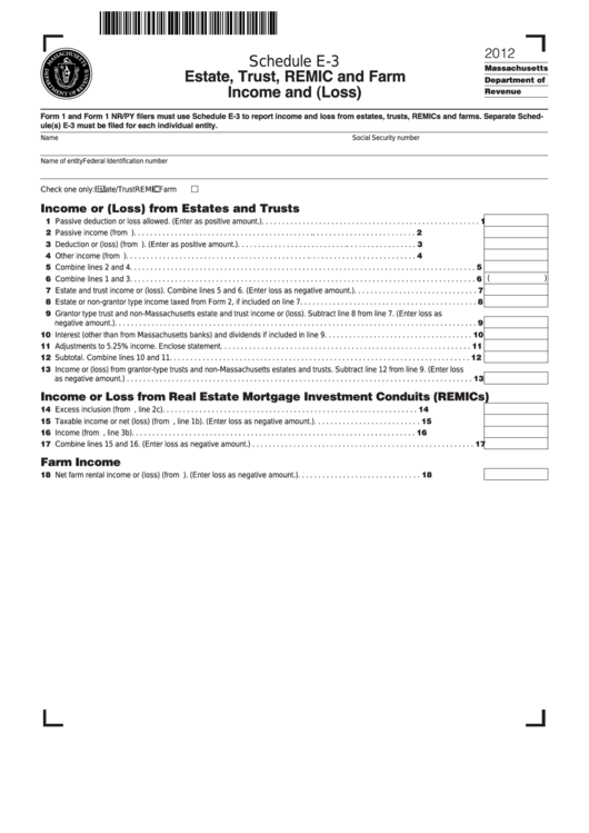 Fillable Schedule E-3 - Estate, Trust, Remic And Farm Income And (Loss) - 2012 Printable pdf