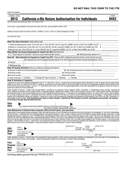 Fillable Form 8453 - California E-File Return Authorization For Individuals - 2012 Printable pdf
