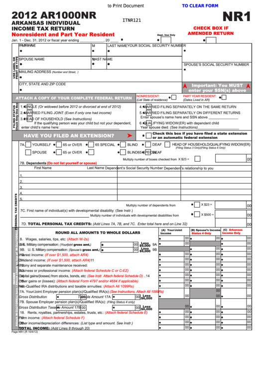Fillable Form Ar1000nr - Arkansas Individual Income Tax Return Nonresident And Part Year Resident - 2012 Printable pdf