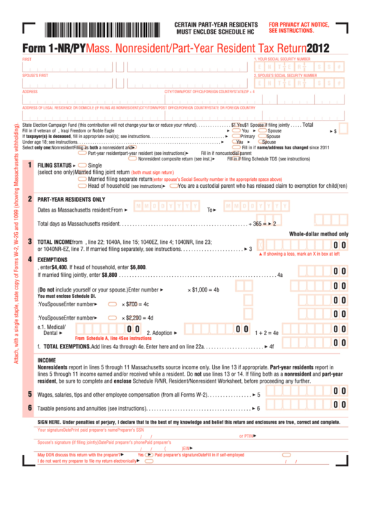 Fillable Form 1-Nr/py - Mass. Nonresident/part-Year Resident Tax Return - 2012 Printable pdf