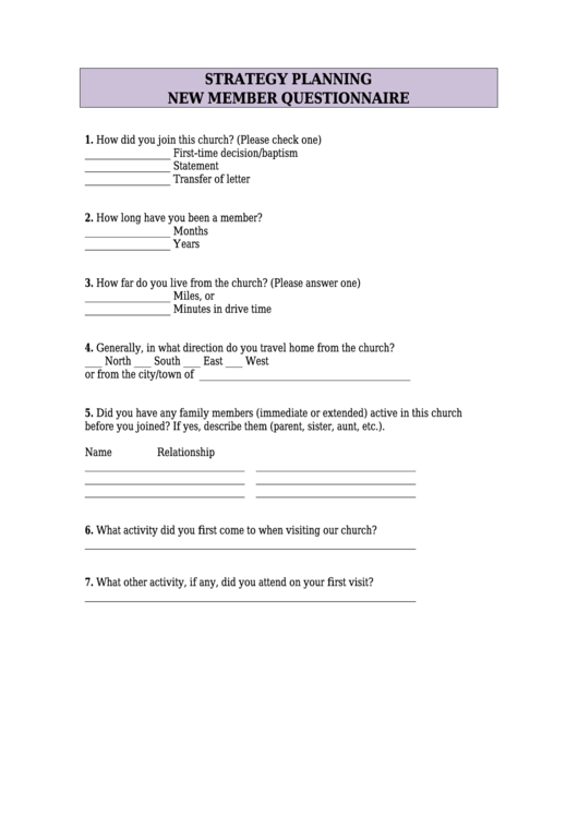 New Member Questionnaire Printable pdf