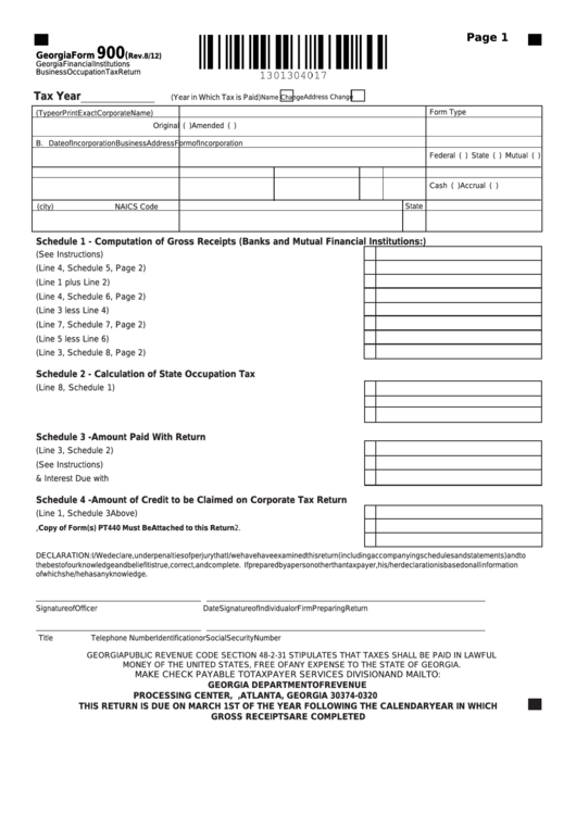 Fillable Georgia Form 900 - Georgia Financial Institutions Business Occupation Tax Return Printable pdf