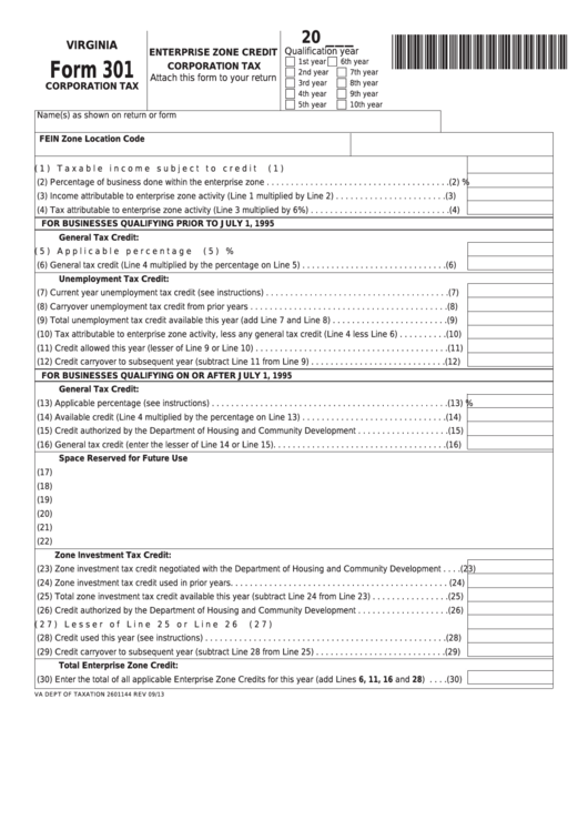 Fillable Form 301 - Enterprise Zone Credit Corporation Tax Printable pdf