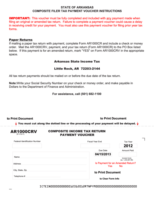 Fillable Form Ar1000crv - Composite Income Tax Return Payment Voucher Printable pdf