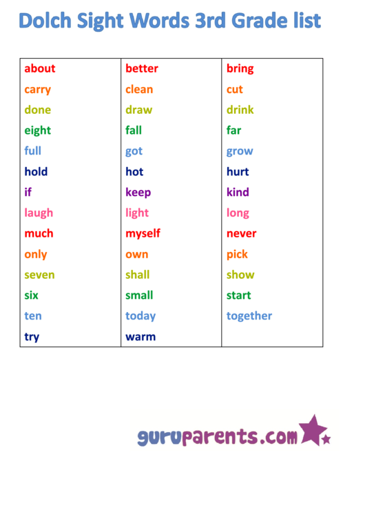 Dolch Sight Words 3rd Grade List