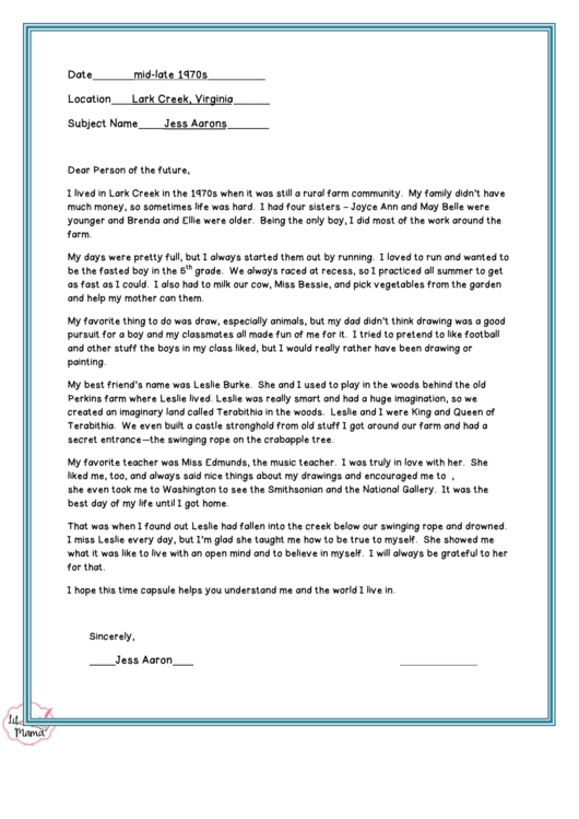 Time Capsule Letter For The Person Of The Future Printable pdf