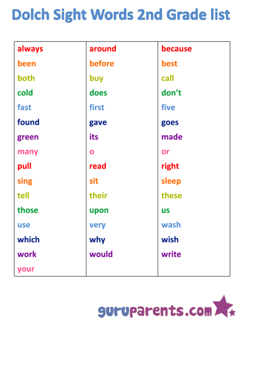 Dolch Sight Words 2nd Grade List printable pdf download