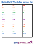 Dolch Sight Words Pre-primer List