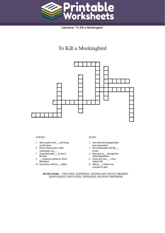 To Kill A Mockingbird Crossword Puzzle Template Printable pdf