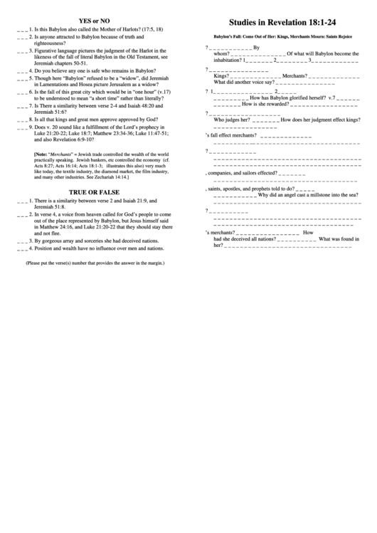 Studies In Revelation 18-1-24 Bible Activity Sheets Printable pdf