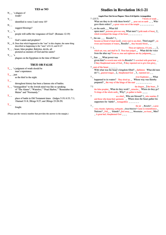 Studies In Revelation 16-1-21 Bible Activity Sheet With Answers Printable pdf