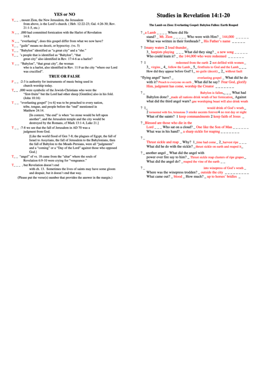 Studies In Revelation 14-1-20 Bible Activity Sheet With Answers