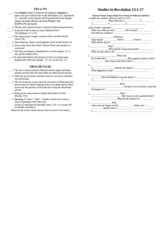Studies In Revelation 12-1-17 Bible Activity Sheets Printable pdf