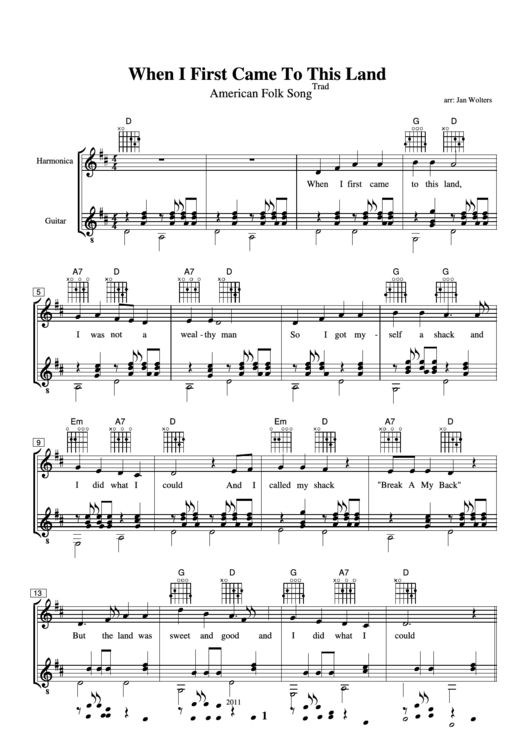 Jan Wolters - When I First Came To This Land American Folk Song Sheet Music Printable pdf