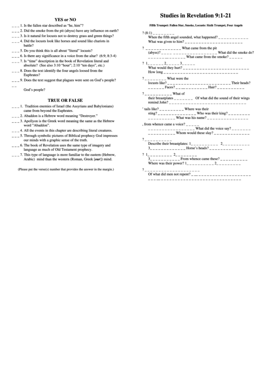Studies In Revelation 9-1-21 Bible Activity Sheets Printable pdf