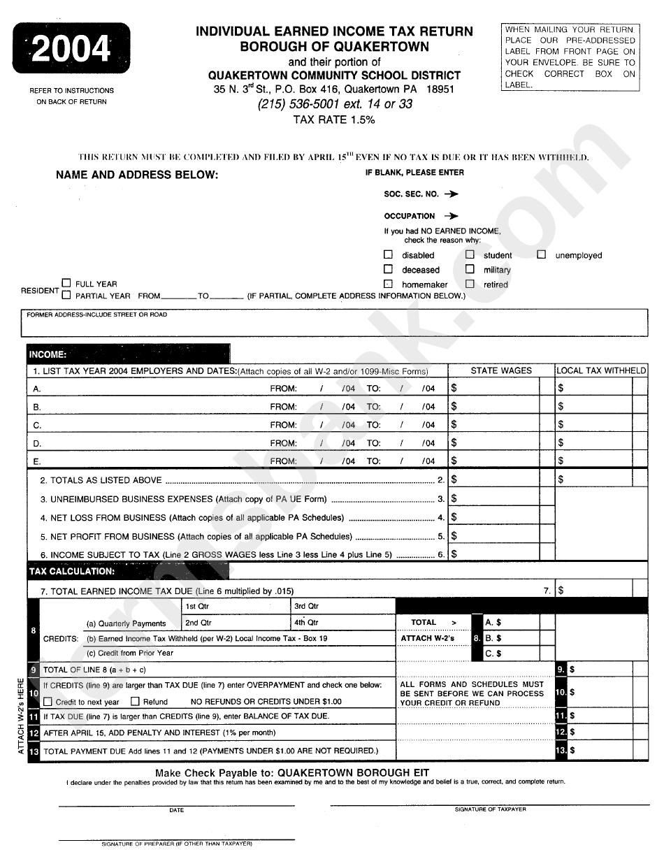 Individual Earned Tax Return Borough Of Quakertown 2004