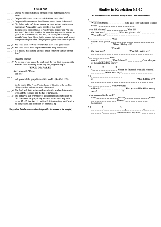 Studies In Revelation 6-1-17 Bible Activity Sheet Printable pdf