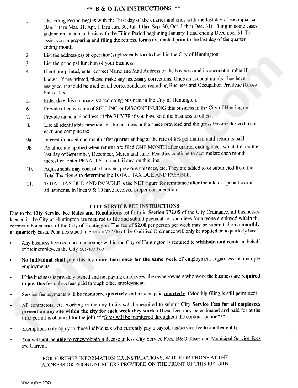 Instructions For Form Dfa316 - Service Fee Rules And Regulatons - City Of Huntington, Ohio