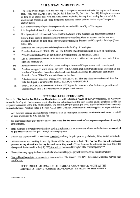 Instructions For Form Dfa316 - Service Fee Rules And Regulatons - City Of Huntington, Ohio Printable pdf
