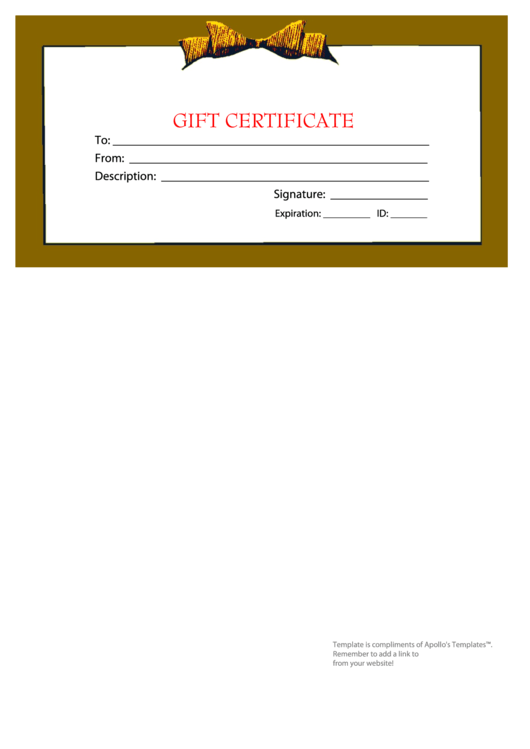 Gift Certificate Template - Olive With Yellow Bow Printable pdf