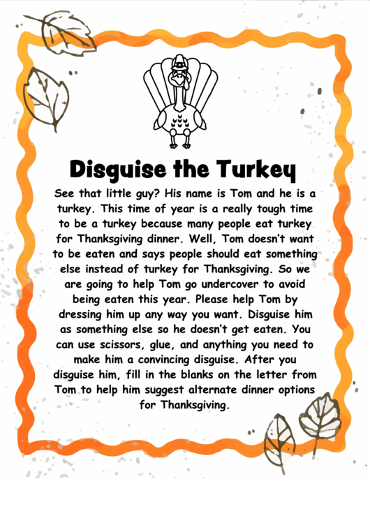 Disguise The Turkey Coloring Sheet Printable pdf