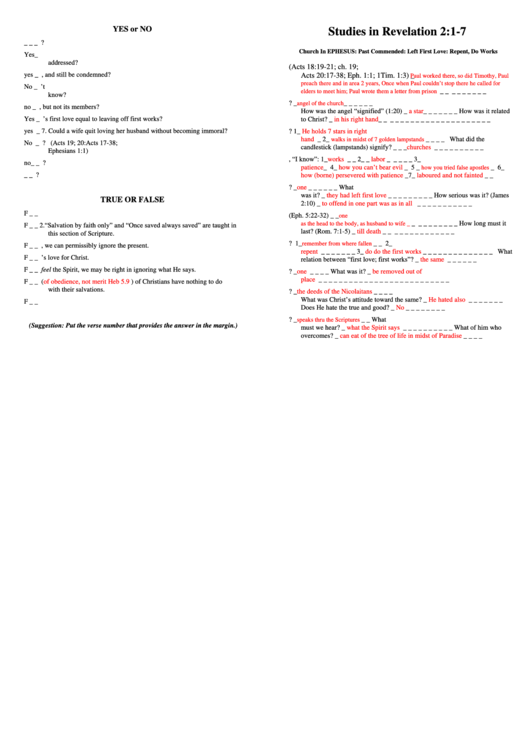 Bible Studies In Revelation 2-1-7 Activity Sheet With Answers Printable pdf