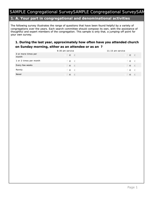 Fillable Sample Congregational Survey Printable pdf