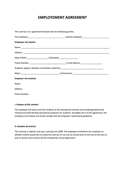 Employment Agreement Template Printable pdf