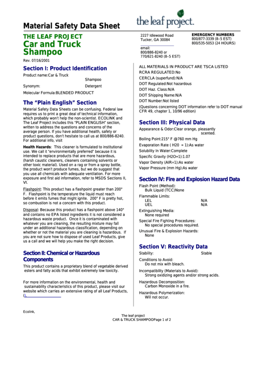 Material Safety Data Sheet - The Leaf Project Car And Truck Shampoo Printable pdf