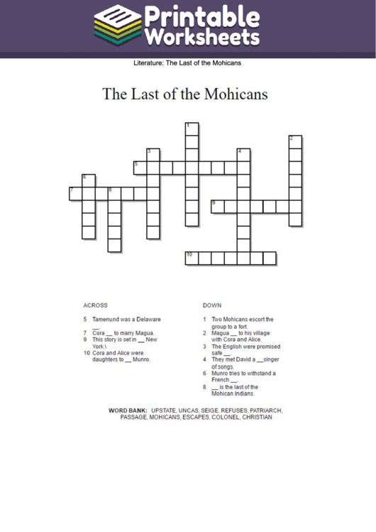The Last Of The Mohicans Crossword Puzzle Template Printable pdf