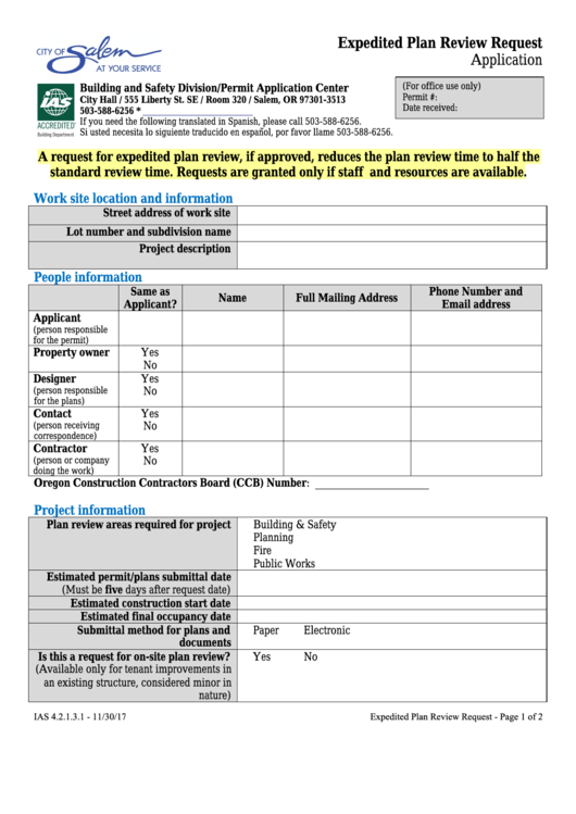 Fillable Expedited Plan Review Application - City Of Salem Building And Safety Division Printable pdf