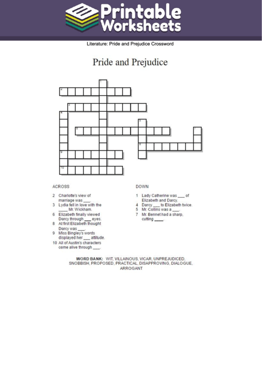 Pride And Prejudice Crossword Puzzle Template Printable pdf