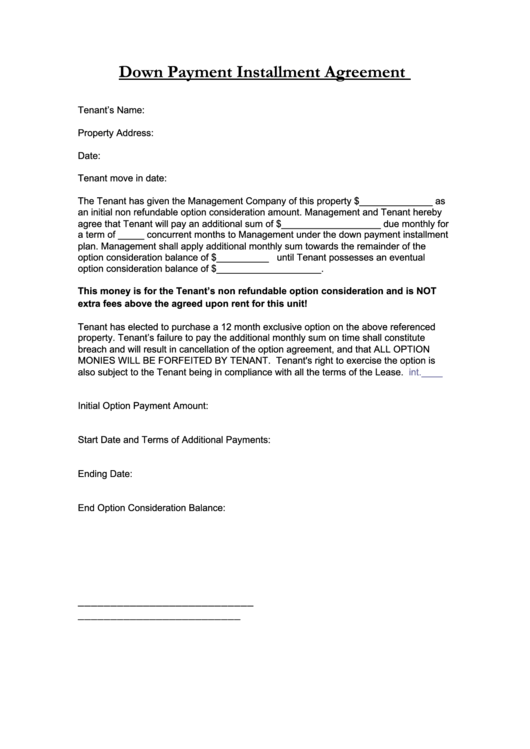 Down Payment Installment Agreement Printable pdf