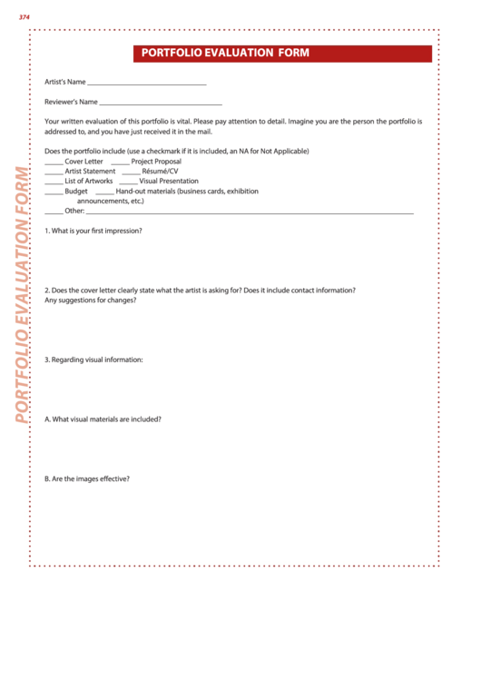 Portfolio Evaluation Form Printable pdf