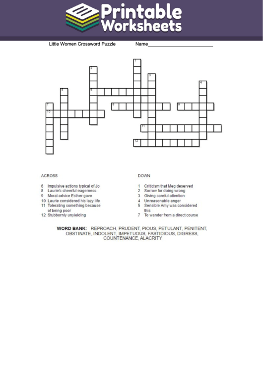 Little Women Crossword Puzzle Template Printable pdf