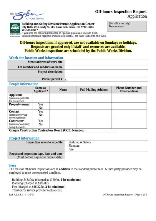 Fillable Expedited Inspections Application - City Of Salem Building And Safety Division Printable pdf