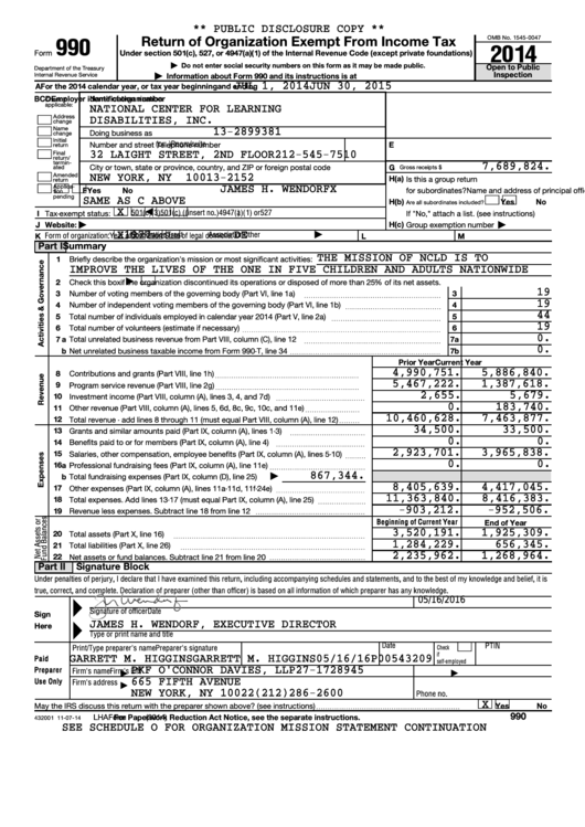 Form 990 - Return Of Organization Exempt From Income Tax - 2014 Printable pdf