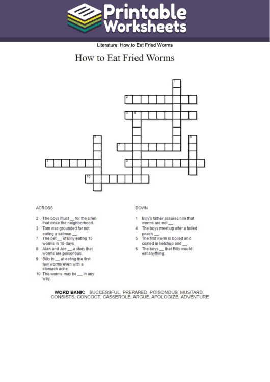 How To Eat Fried Worms Crossword Puzzle Template Printable pdf